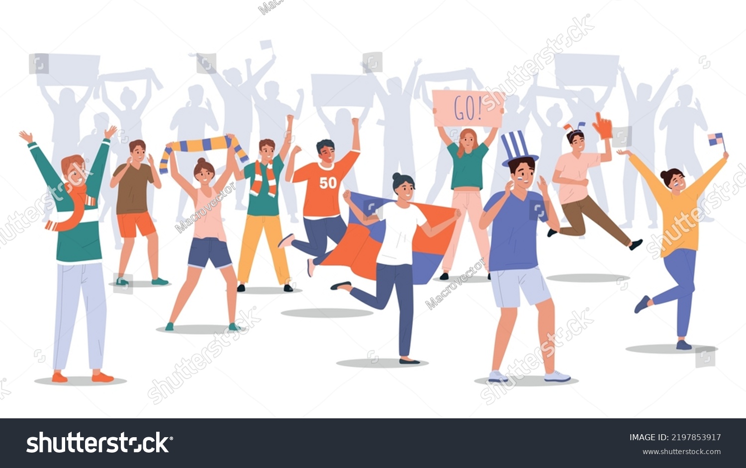 Crowd of cheering sport fans with flags posters scarves with people silhouettes in background flat composition vector illustration #2197853917