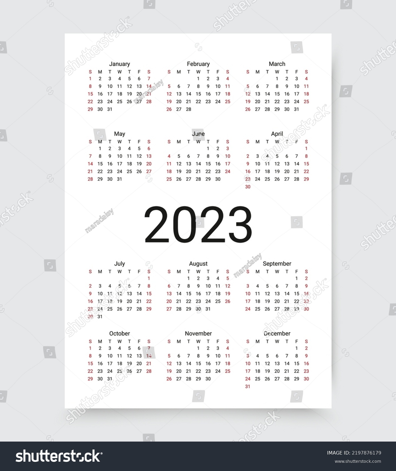 Calendar 2023 Year Week Starts Sunday Template Royalty Free Stock Vector 2197876179 7690