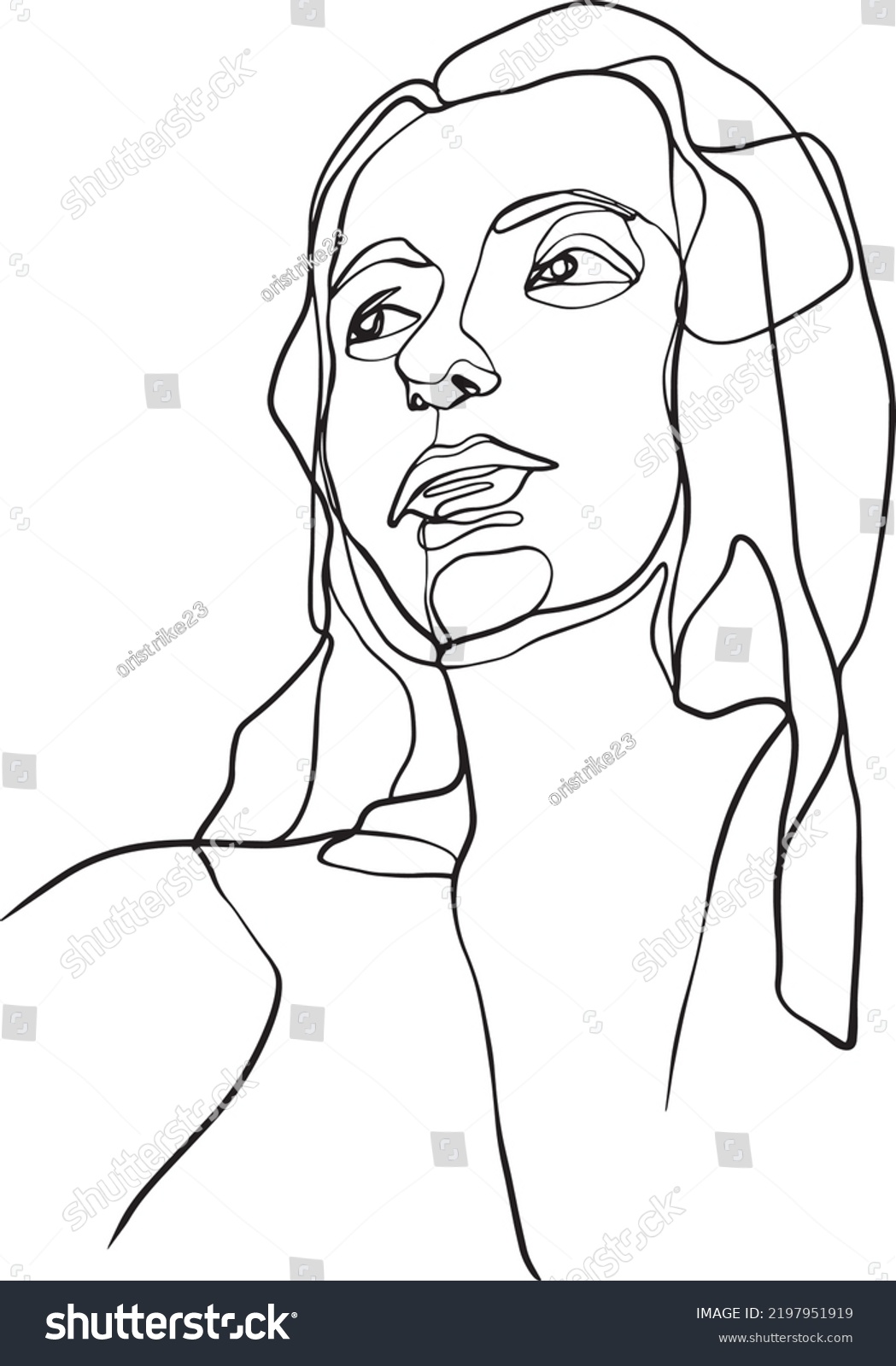 Woman head vector lineart illustration. One Line - Royalty Free Stock ...