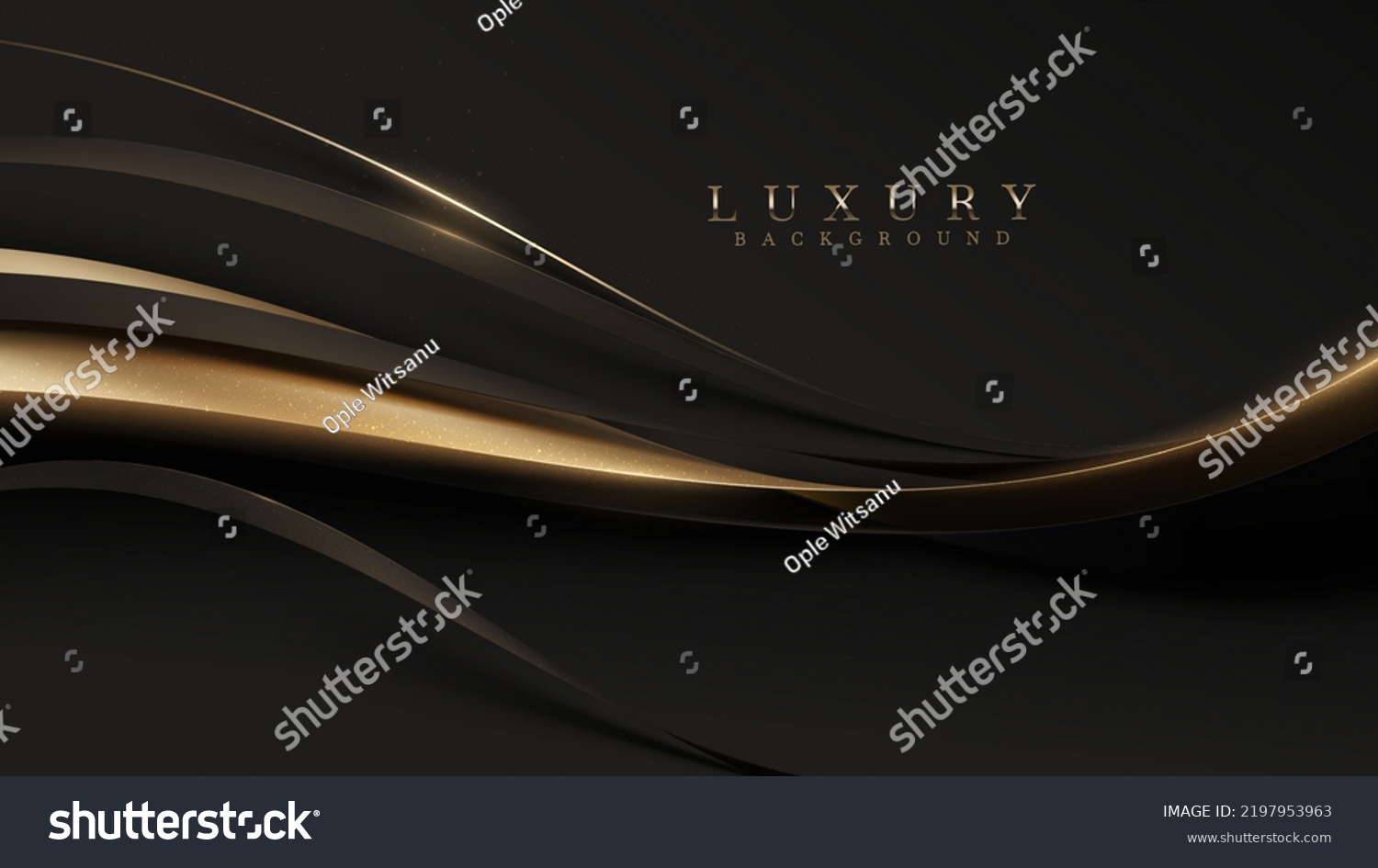 Black luxury background with golden ribbon elements and glitter light effect decoration. #2197953963