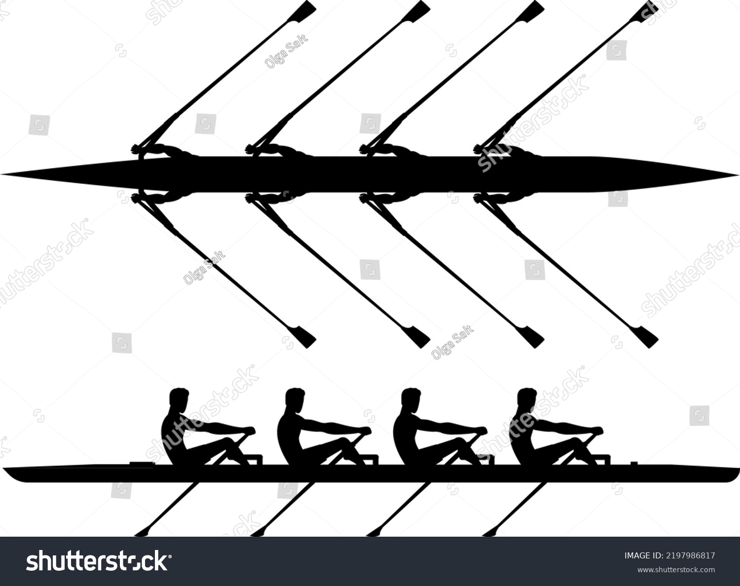Rowing team trains before the competition, black and white vector illustration. Four boat for rowing in teamwork. #2197986817