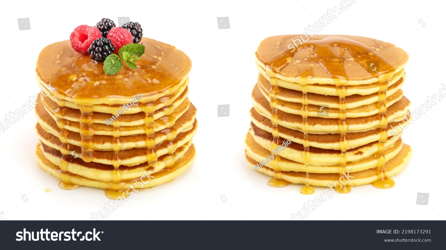 Pancakes stack with different berries and honey isolated on white background #2198173291