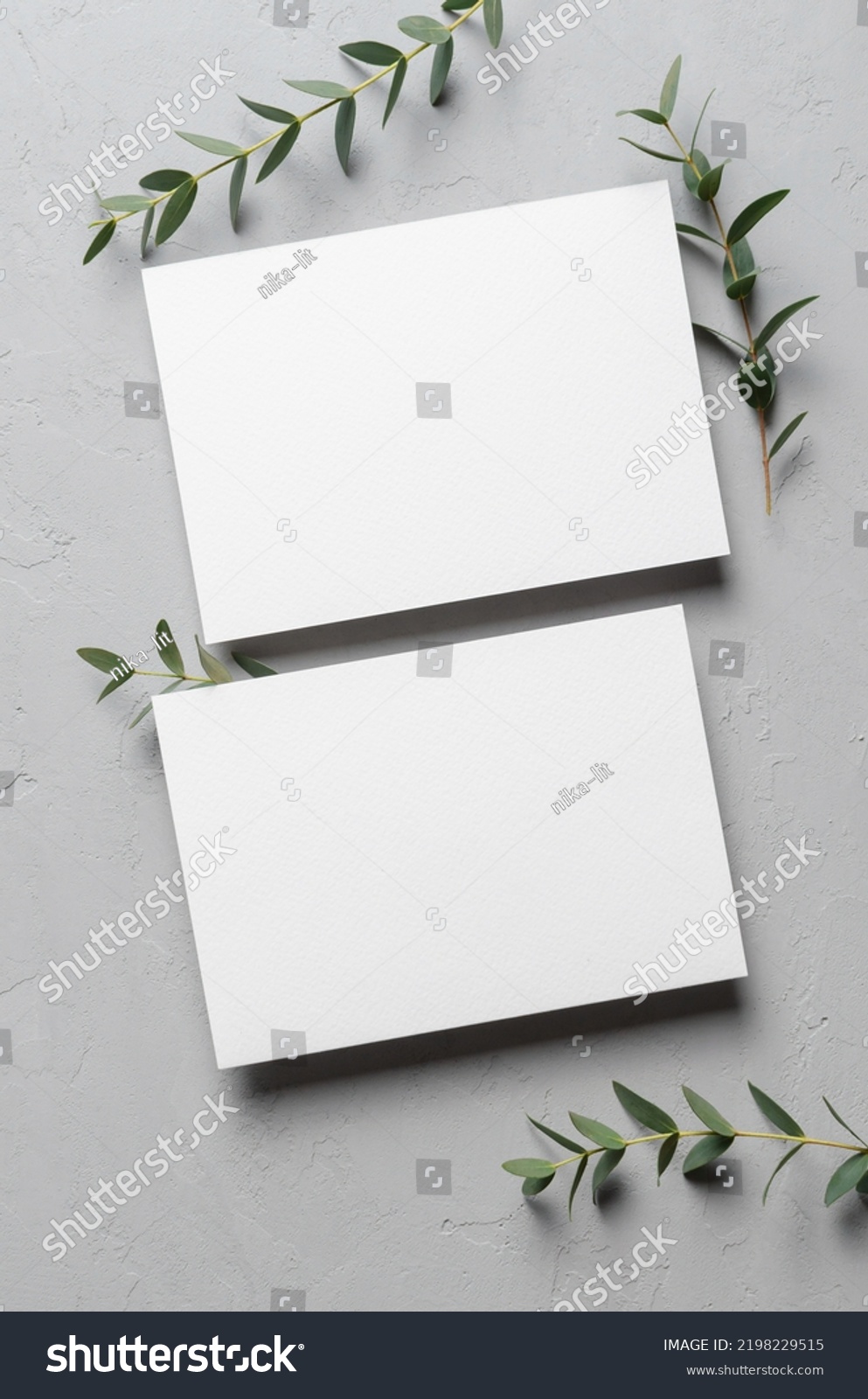 Wedding invitation card mockup with eucalyptus twigs, front and back sides #2198229515