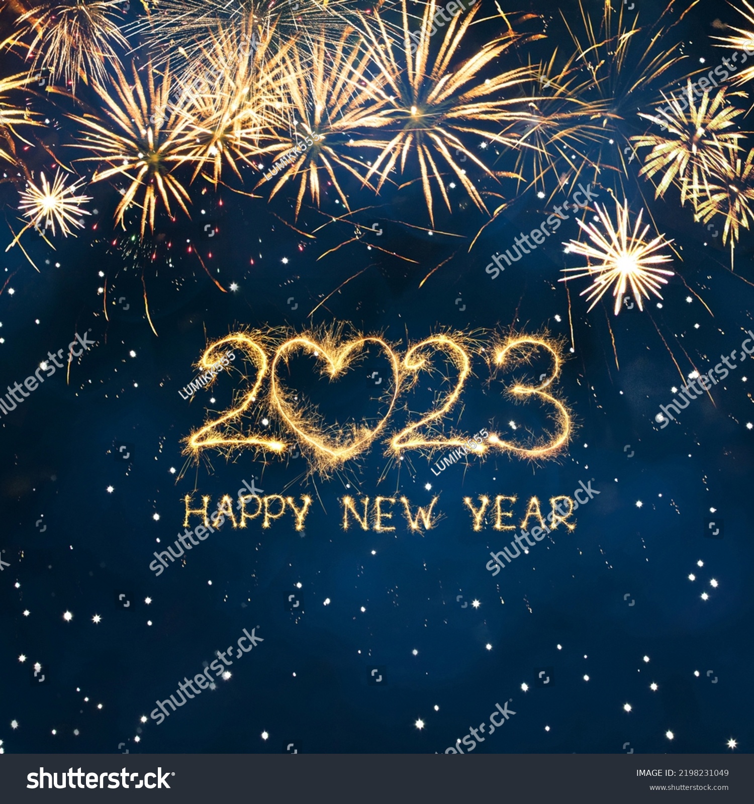 Greeting card Happy New Year 2023. Beautiful Square holiday web banner or billboard with Golden sparkling text Happy New Year 2023 written sparklers on festive blue background. #2198231049