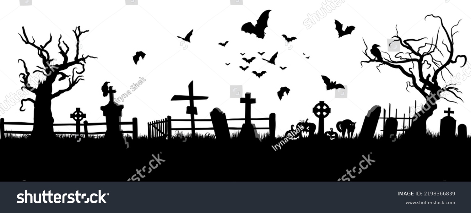 Cemetery silhouette graveyard with tombstones and creepy trees around.With grave crosses, creepy pumpkins and a flock of bats flying over the cemetery. Scary Halloween ilustration. #2198366839