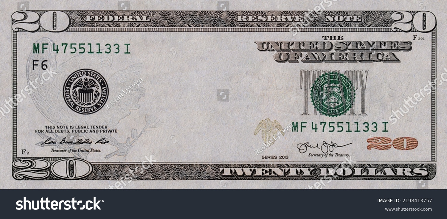 Closeup of 20 dollar banknote  with empty middle area for design purpose #2198413757