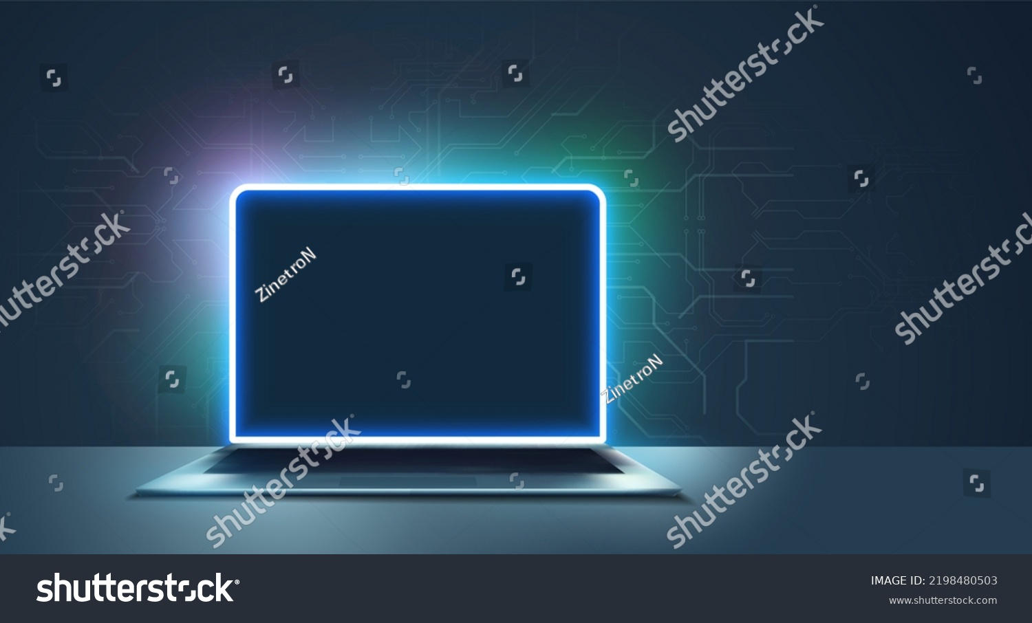 A portable neon computer with a blank screen and a desk in a dark room with blue lighting. Technological background with a laptop. Vector illustration #2198480503