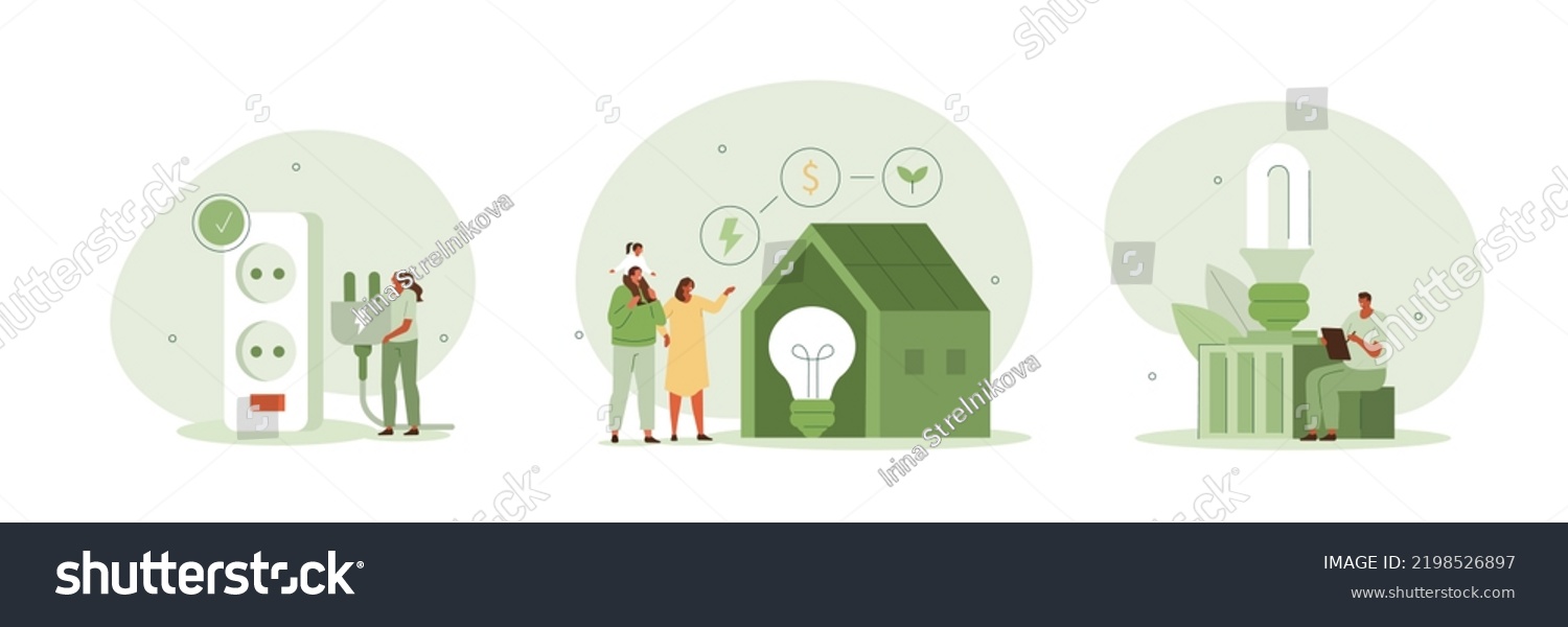 Sustainability illustration set. Characters reduce energy consumption at home, unplug appliances and use energy saving light bulb. Green electricity and power save concept. Vector illustration. #2198526897