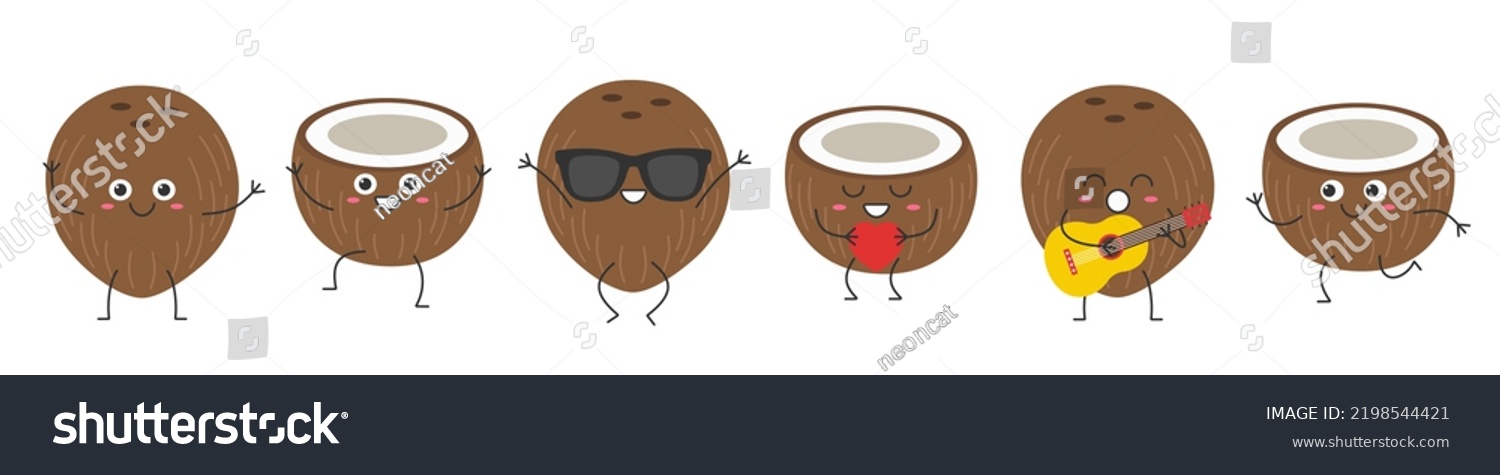 Set coconut character cartoon greeting jumping loves sings running cute funny smiling face happy joy emotions icon vector illustration. #2198544421