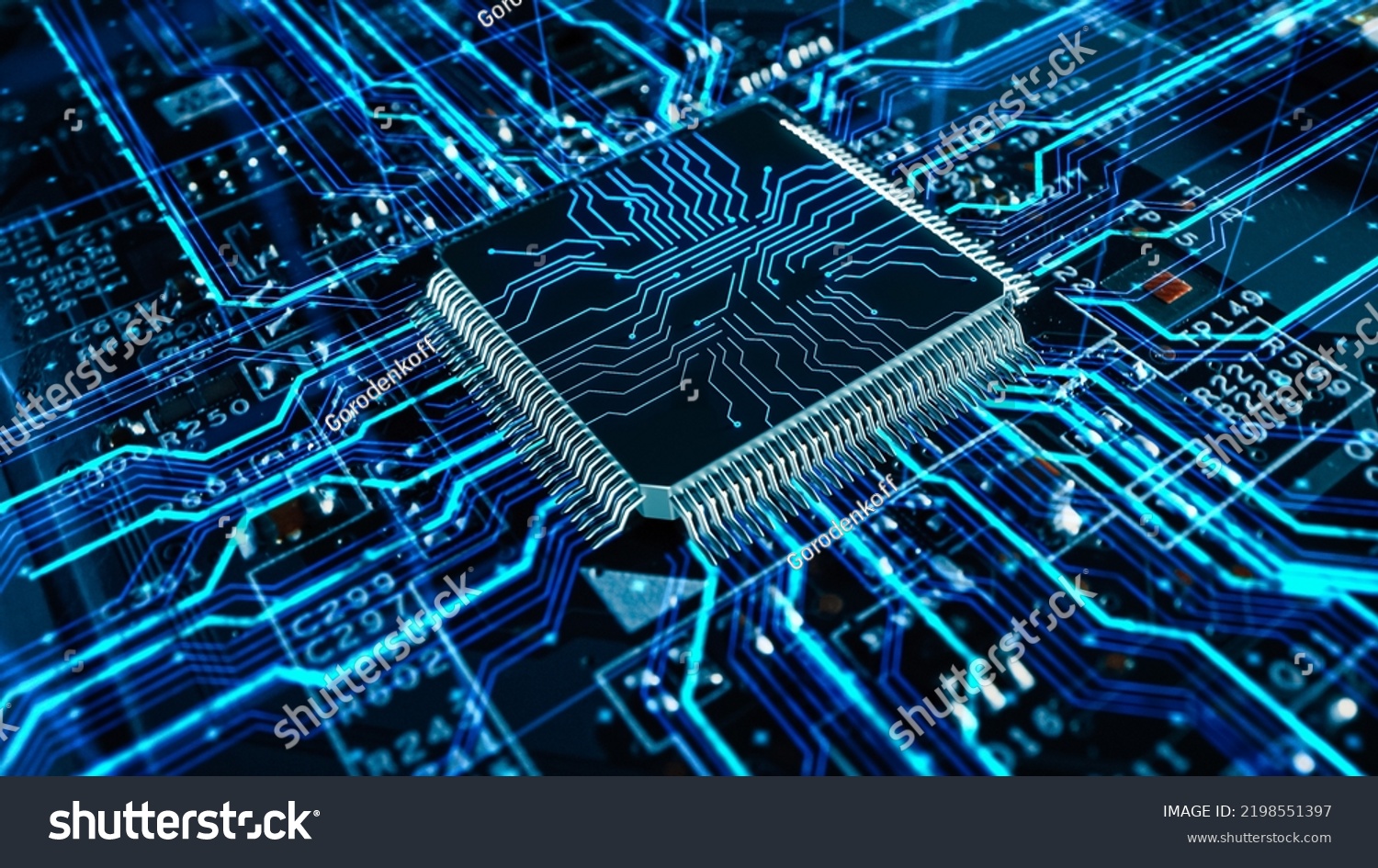 Advanced Technology Concept Visualization: Circuit Board CPU Processor Microchip Starting Artificial Intelligence Digitalization of Neural Networking and Cloud Computing. Digital Lines Move Data #2198551397