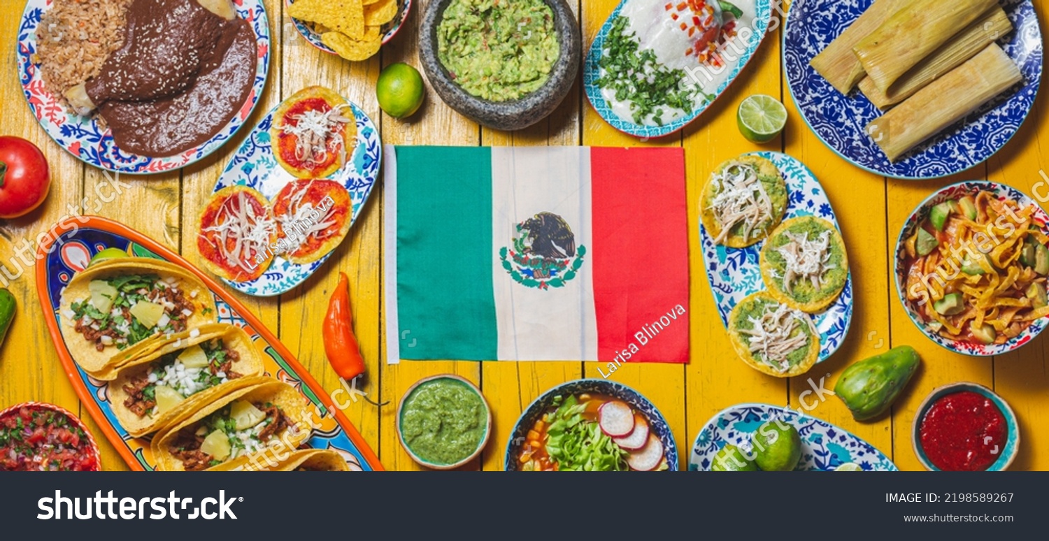 Mexican festive food for independence day independencia - around mexican flag. Top view , Yellow background #2198589267