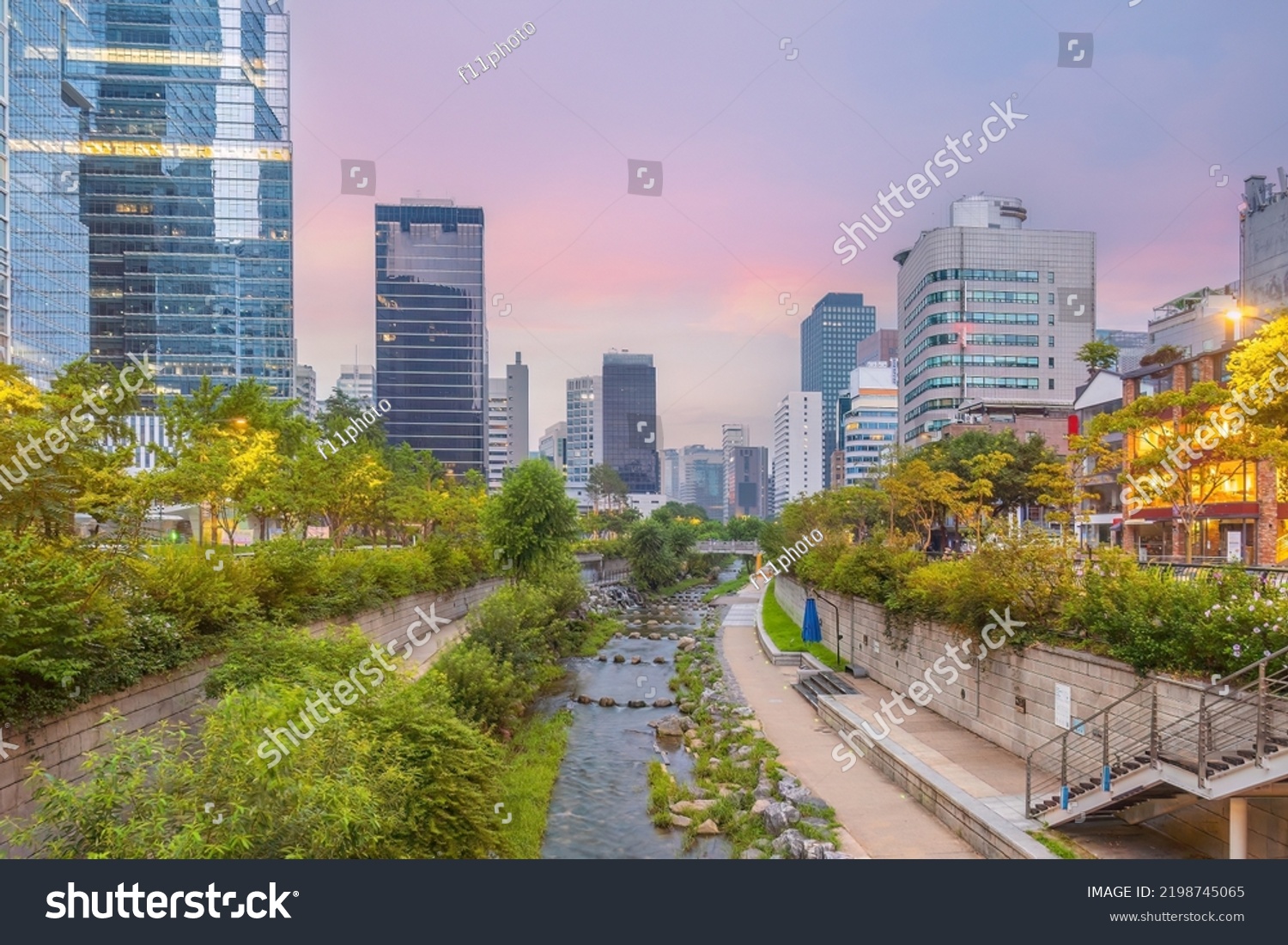 Cheonggyecheon, a  public recreation space in downtown Seoul in South Korea at twilight #2198745065