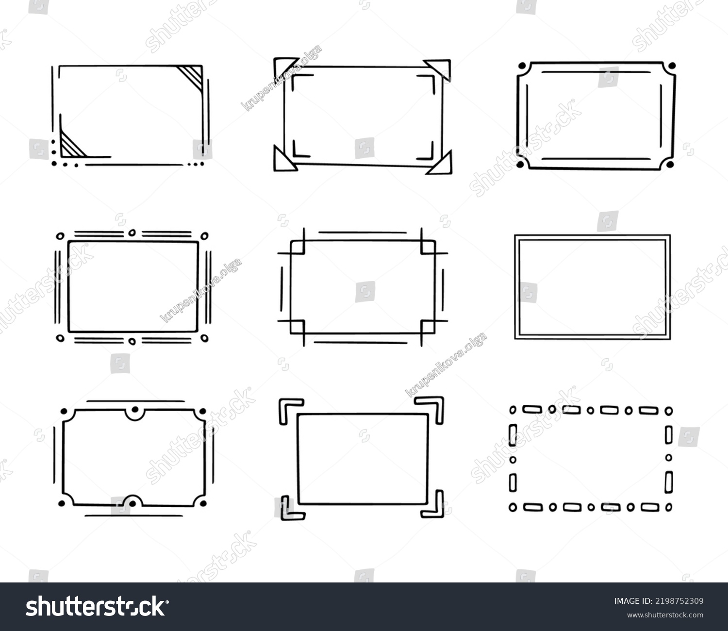 Doodle frames set, hand-drawn monograms.Edgings and cadres with simple sketchy elements for your design.Isolated. Vector illustration. #2198752309