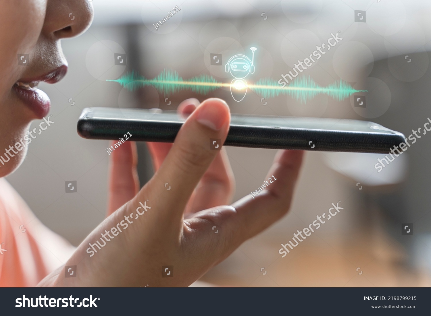 Close up of pretty woman holding in hand smart phone talking with digital assistant or friend distantly uses easy voice messaging, concept of modern ai technology, voice recognition, online translator #2198799215