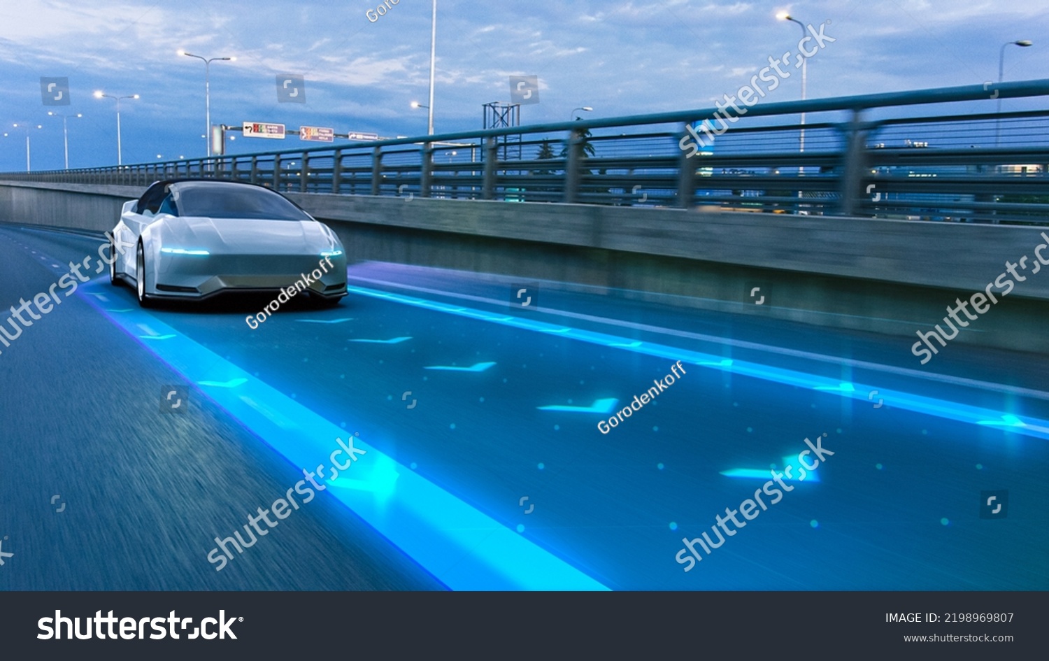 Autonomous Self-Driving 3D Car Moving Through City Highway. VFX Visualization Concept: Software Sensor Scanning Road Ahead for Vehicles, Danger, Speed Limits. Day Urban Driveway. Front Following View #2198969807