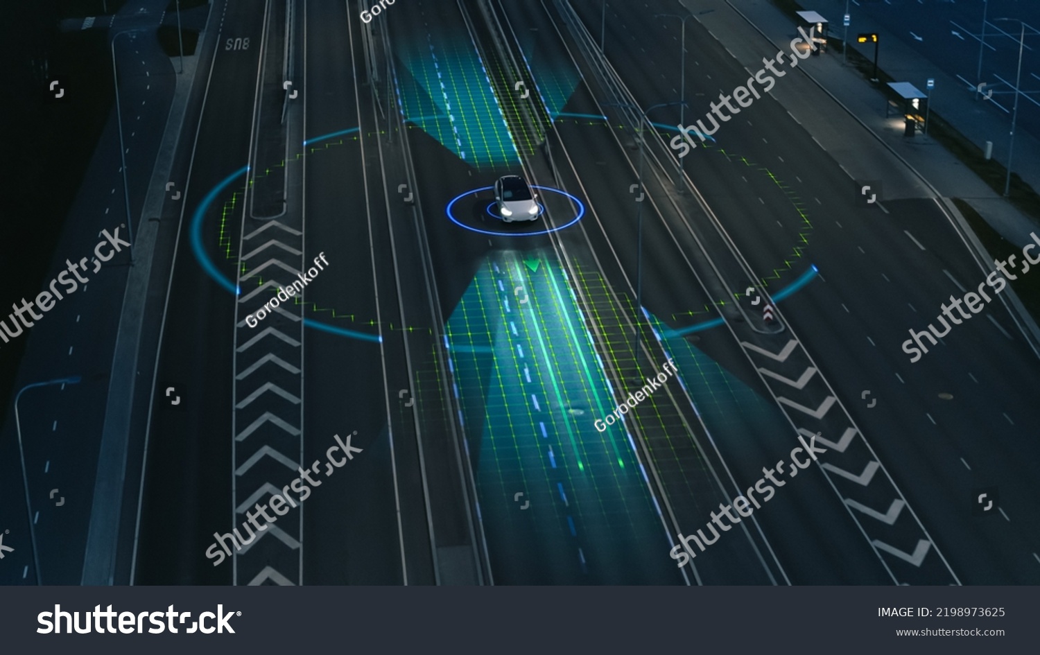 Following Aerial Drone View: Autonomous Self Driving Car Moving Through City Highway. Visualization Concept: Sensor Scanning Road Ahead for Vehicles, Danger, Speed Limits. Evening Urban Driveway #2198973625