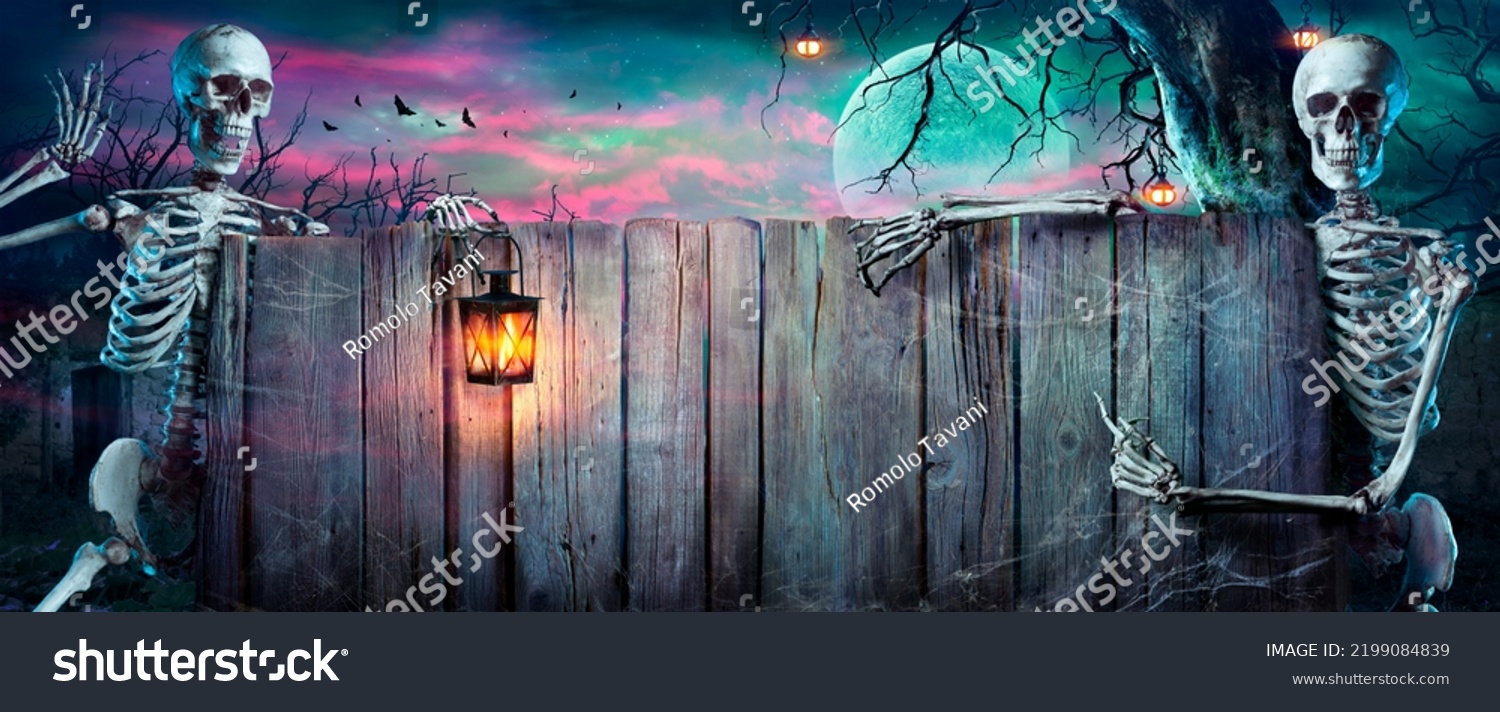 Halloween Party - Skeletons With Wooden Banner In Spooky Nights #2199084839