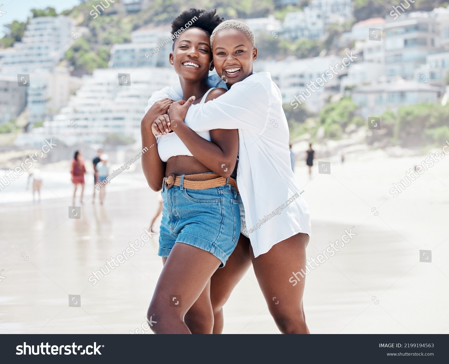 Portrait of happy friends on beach travel vacation, holiday or spring break to tropical island paradise. Black women on a girls trip to the sea or ocean for summer, sun and relax at water seaside #2199194563