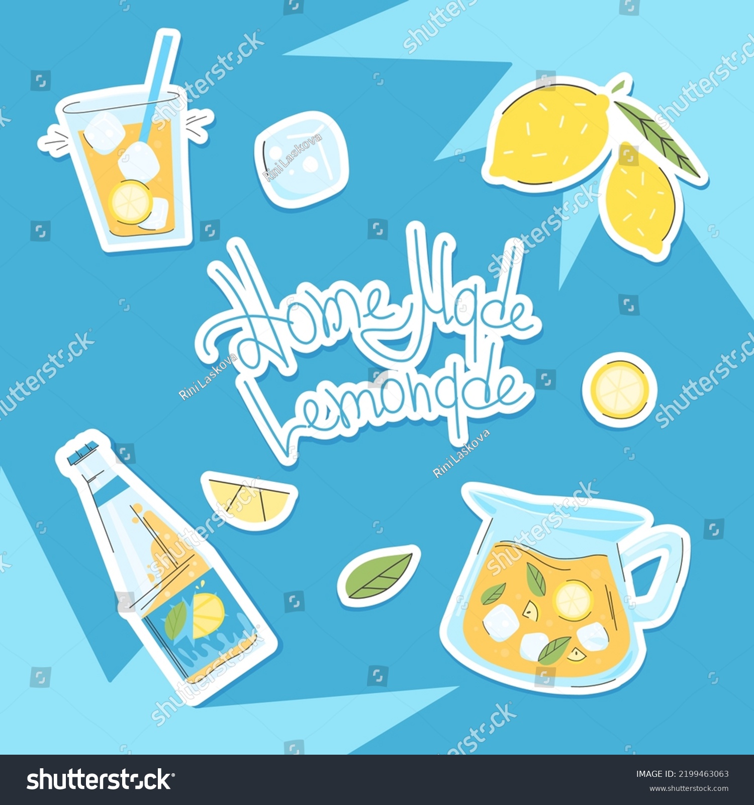 Sticker set of homemade lemonade on a blue background. Illustrations of a lemonade bottle, glasses, lemons and a decanter with a cutout outline. #2199463063