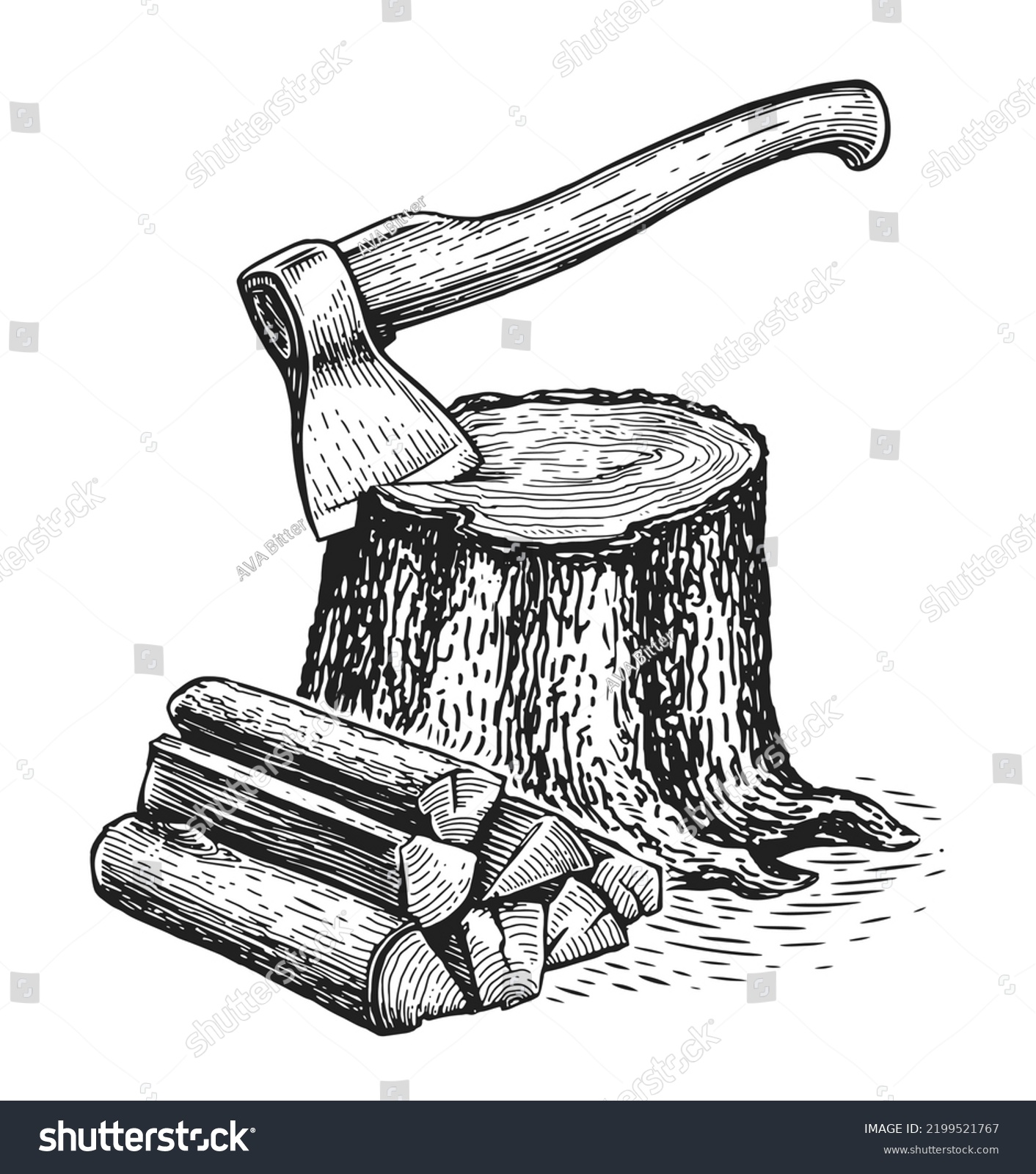 Ax sticks out in tree stump and firewoods. Wooden logs and timber. Natural lumber, carpentry materials set. Woodworking #2199521767
