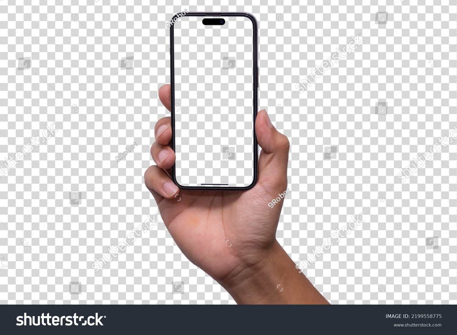 Hand holding smart phone Mockup  and screen Transparent and Clipping Path isolated for Infographic Business web site design app #2199558775