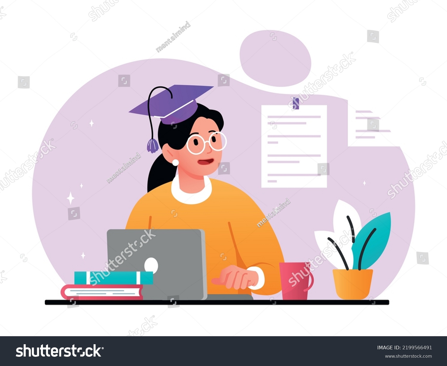 Studying online concept. Young girl in graduate cap sits at laptop. Training and education. Hardworking female student doing homework, preparing for test or exam. Cartoon flat vector illustration #2199566491
