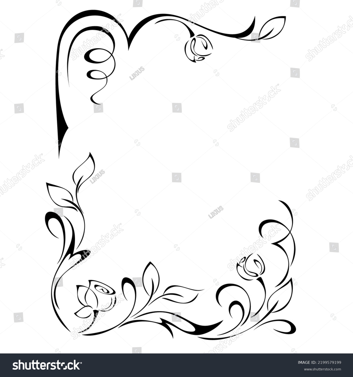 decorative rectangular frame with stylized rosebuds with leaves and vignettes in black lines on a white background #2199579199