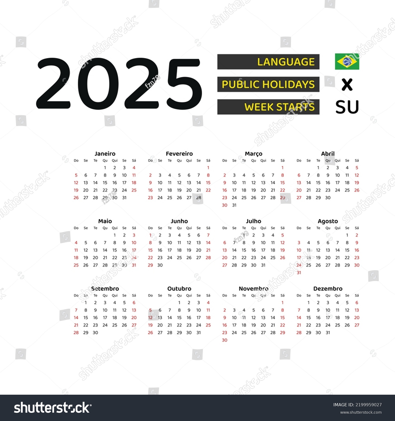 Brazil Calendar 2025. Week starts from Sunday. Royalty Free Stock