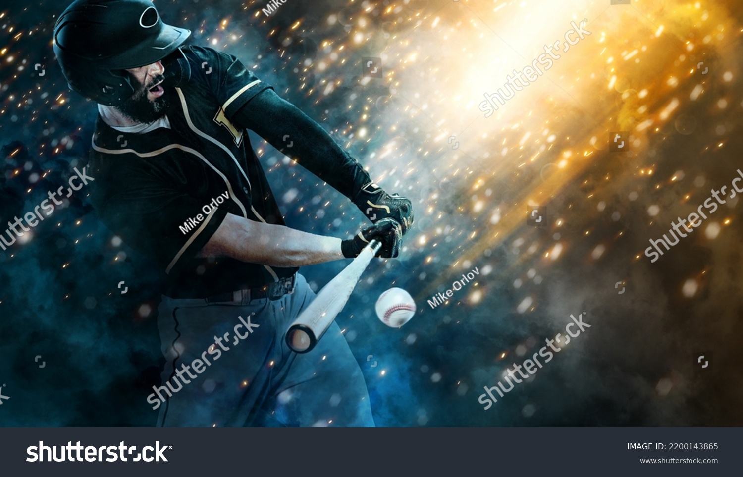 Professional baseball player with bat taking a swing on grand arena. Ballplayer on stadium in action. Sports betting. Bets in the mobile application. #2200143865