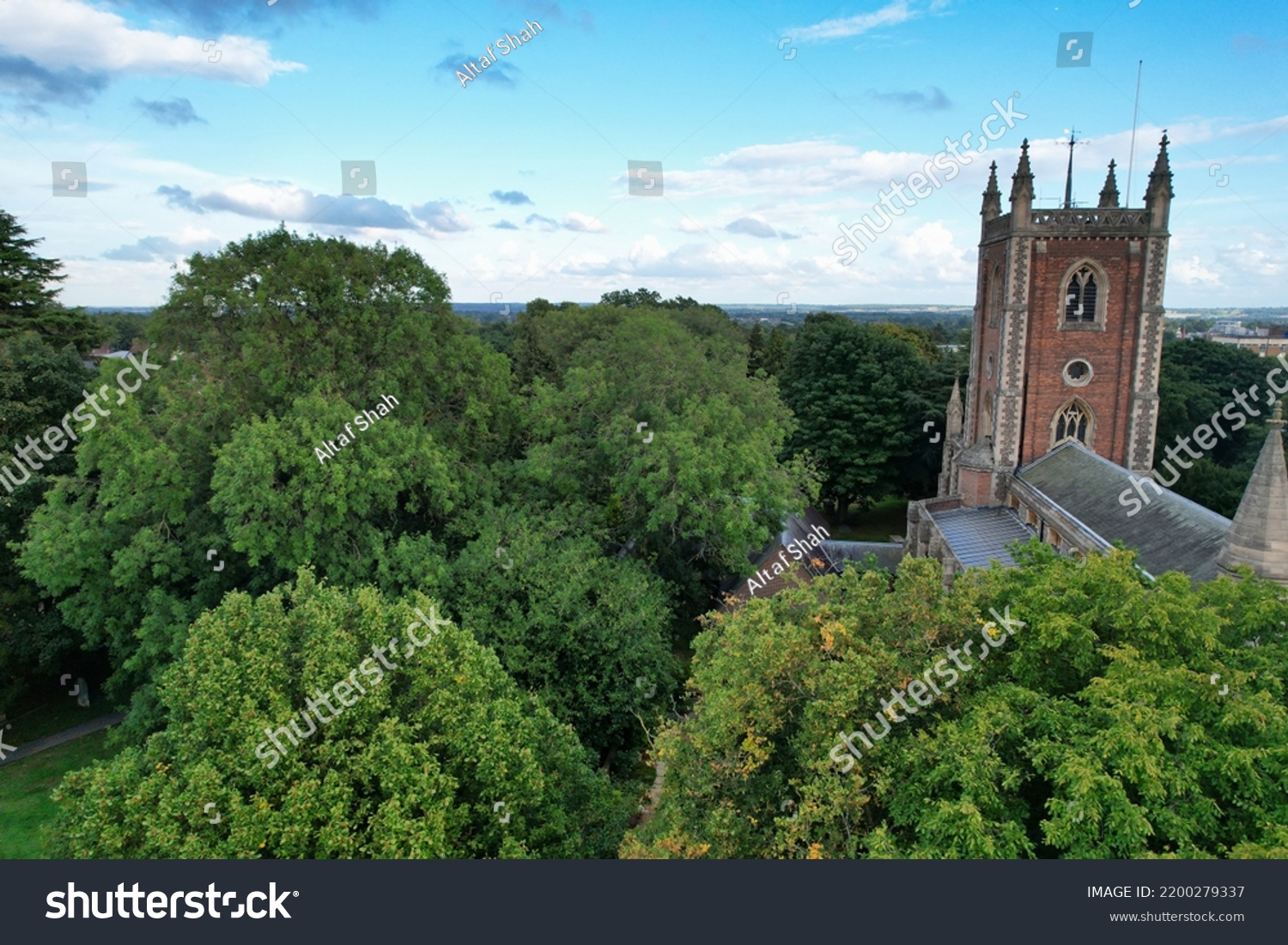 Beautiful High Angle View of St Albans Town Centre of England, Great Britain UK. Residential and downtown buildings image captured on 07th Sep 2022. Drone's point of view. #2200279337