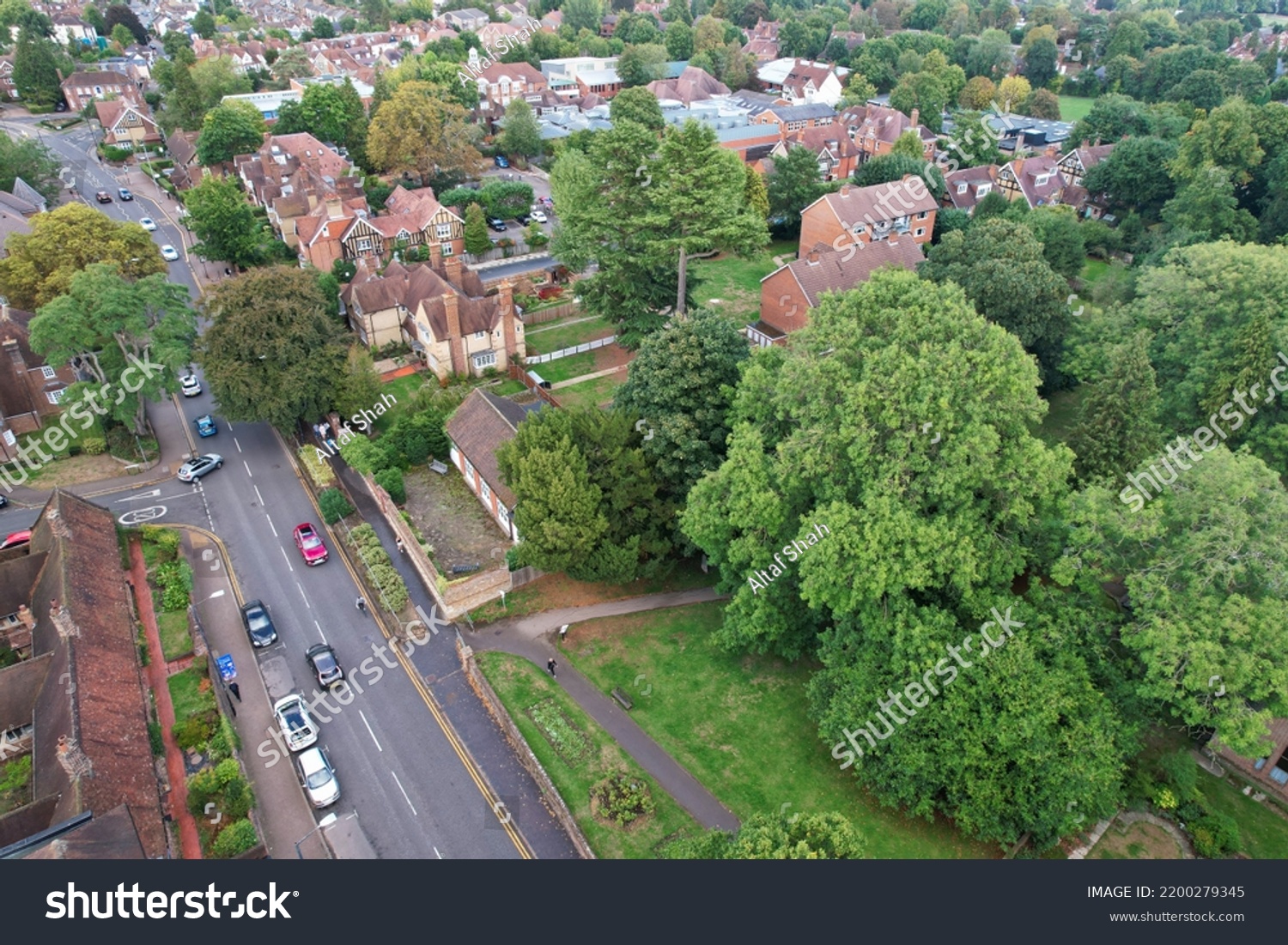 Beautiful High Angle View of St Albans Town Centre of England, Great Britain UK. Residential and downtown buildings image captured on 07th Sep 2022. Drone's point of view. #2200279345