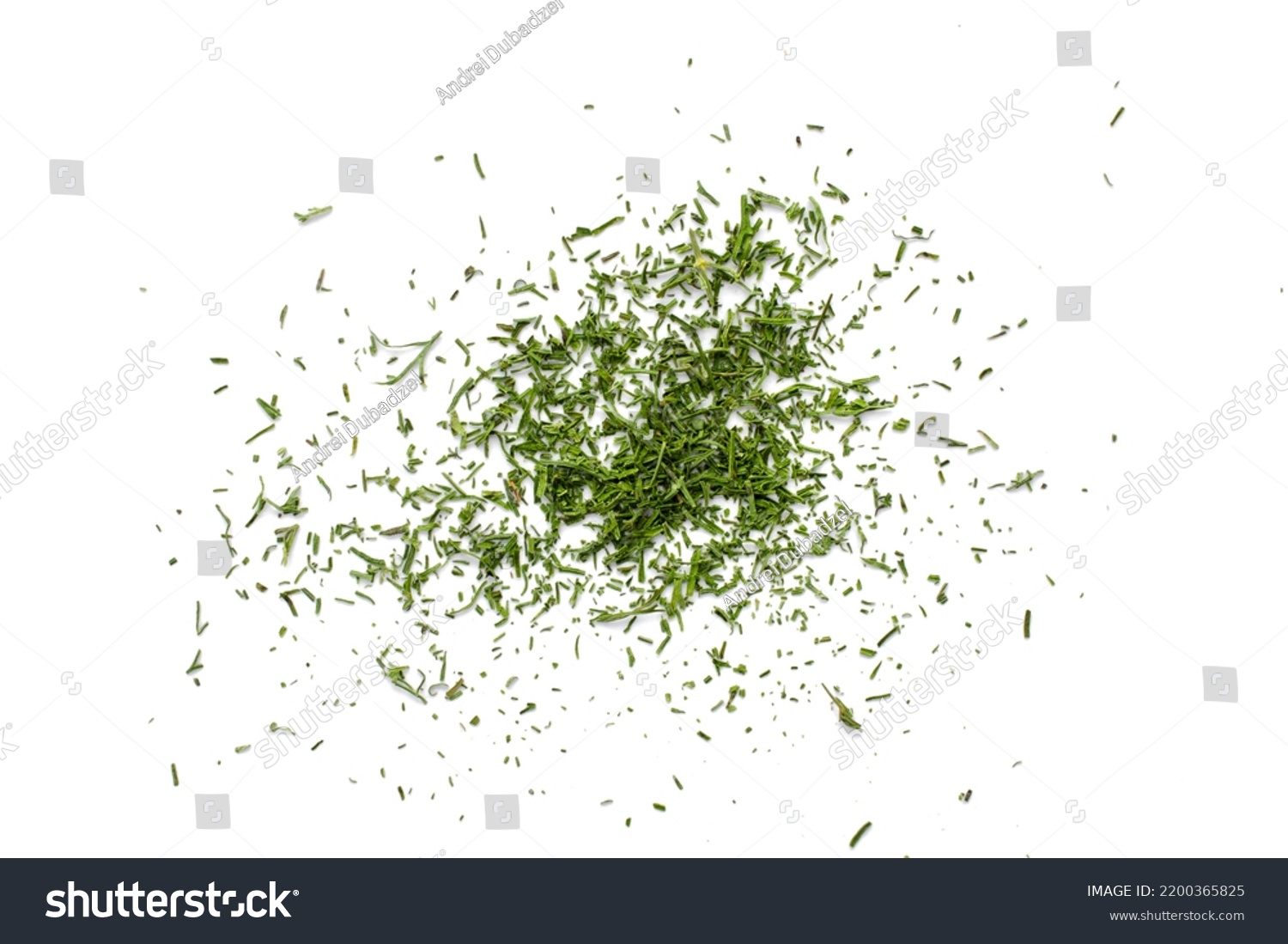 Pile of dry dill isolated on white background, top view. Heap of dry dill isolated on white. Dried fennel, crushed dill powder. Green ground dried dill isolated on white background, top view. #2200365825