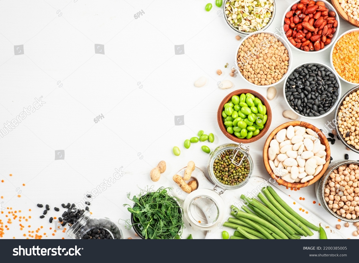 Beans, legumes and green sprouts. Dried, raw and fresh, top view. Red beans, lentils, chickpeas, soybeans. Healthy, nutritious, diet food, vegan protein, micronutrients and fiber sources #2200385005