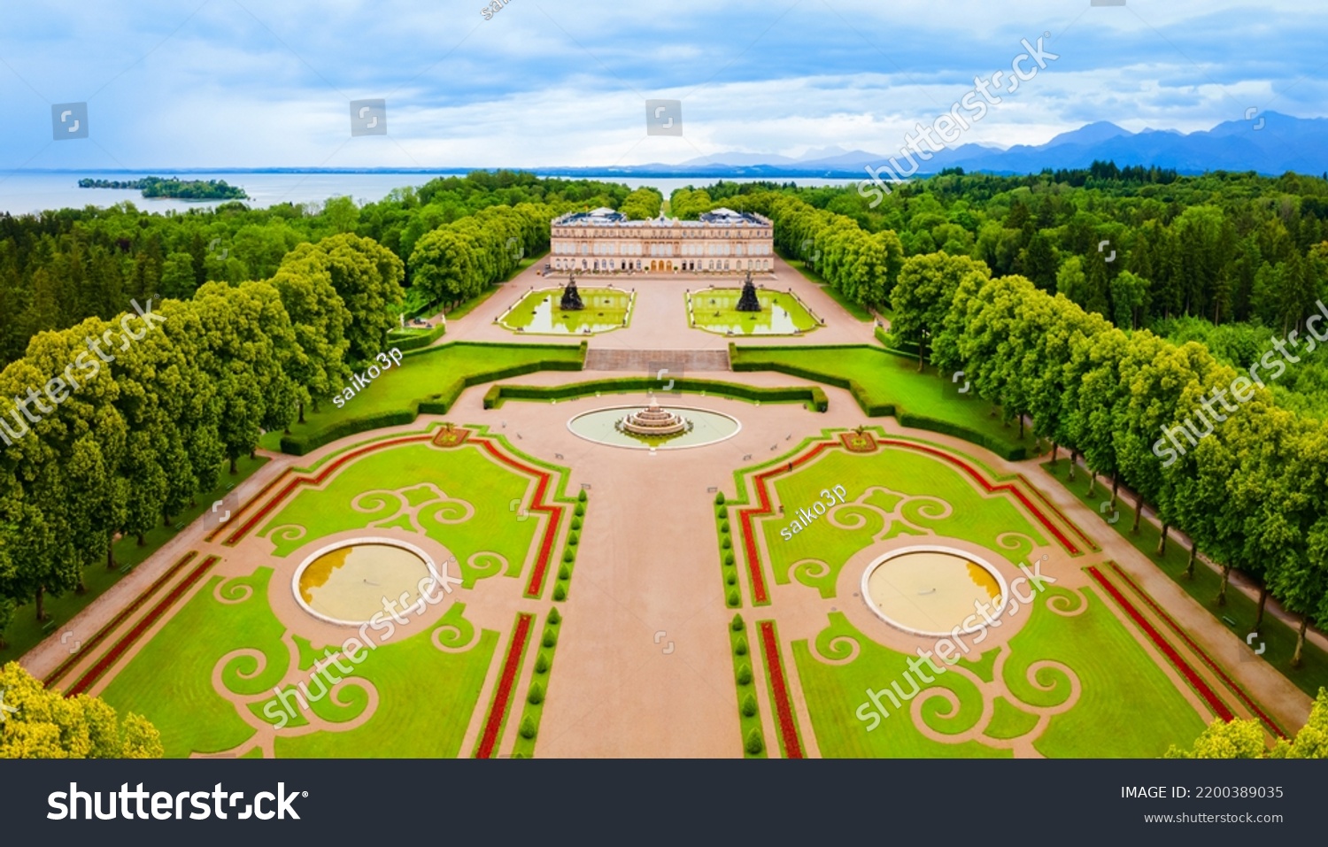 Herrenchiemsee Palace aerial panoramic view, it is a complex of royal buildings on Herreninsel, the largest island in the Chiemsee lake, in southern Bavaria, Germany #2200389035
