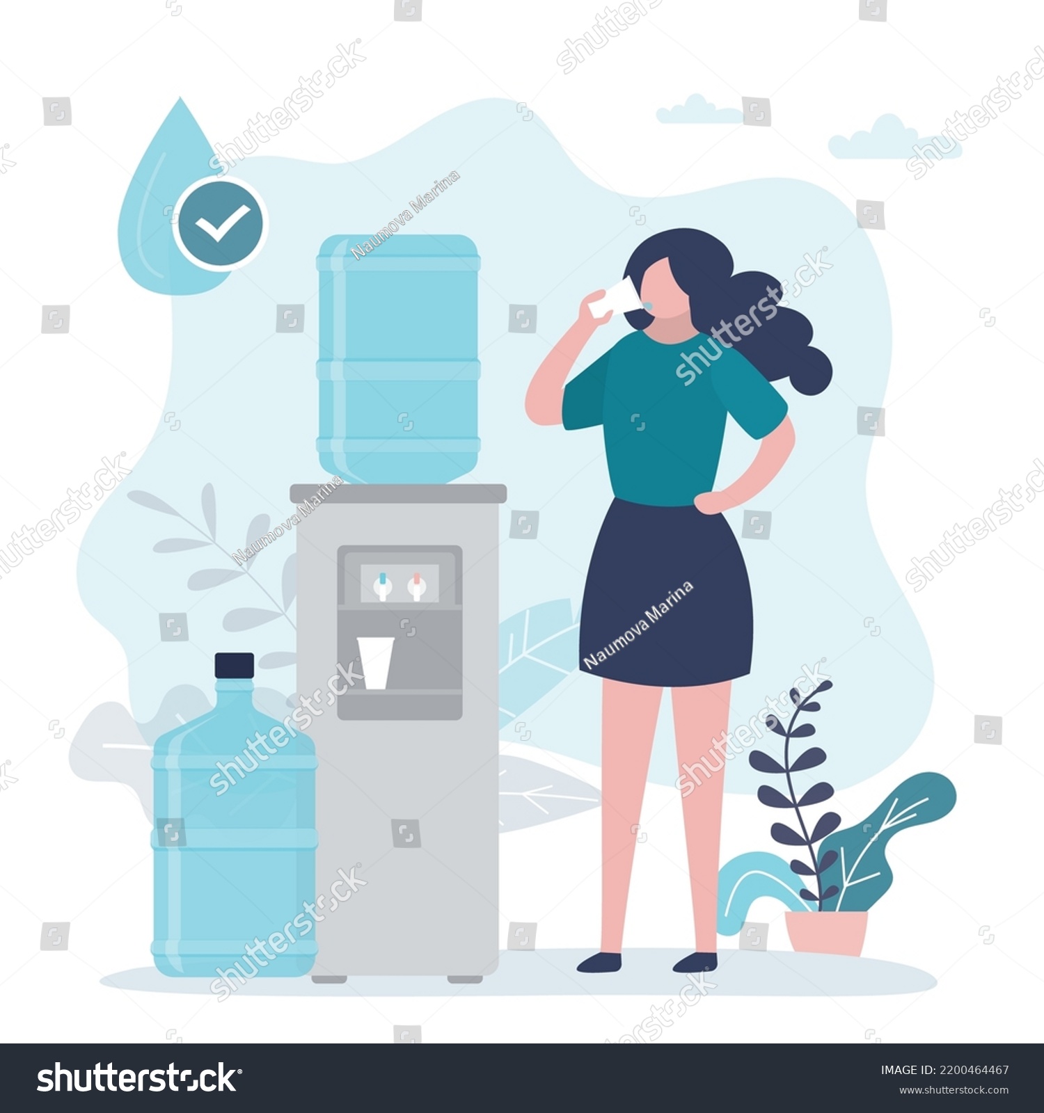 Happy woman drinking clean bottled water, purifying liquid from cooler. Office worker drinking water at time break. Healthy lifestyle. Pure aqua from cooler. Tanks with water. Flat vector illustration #2200464467