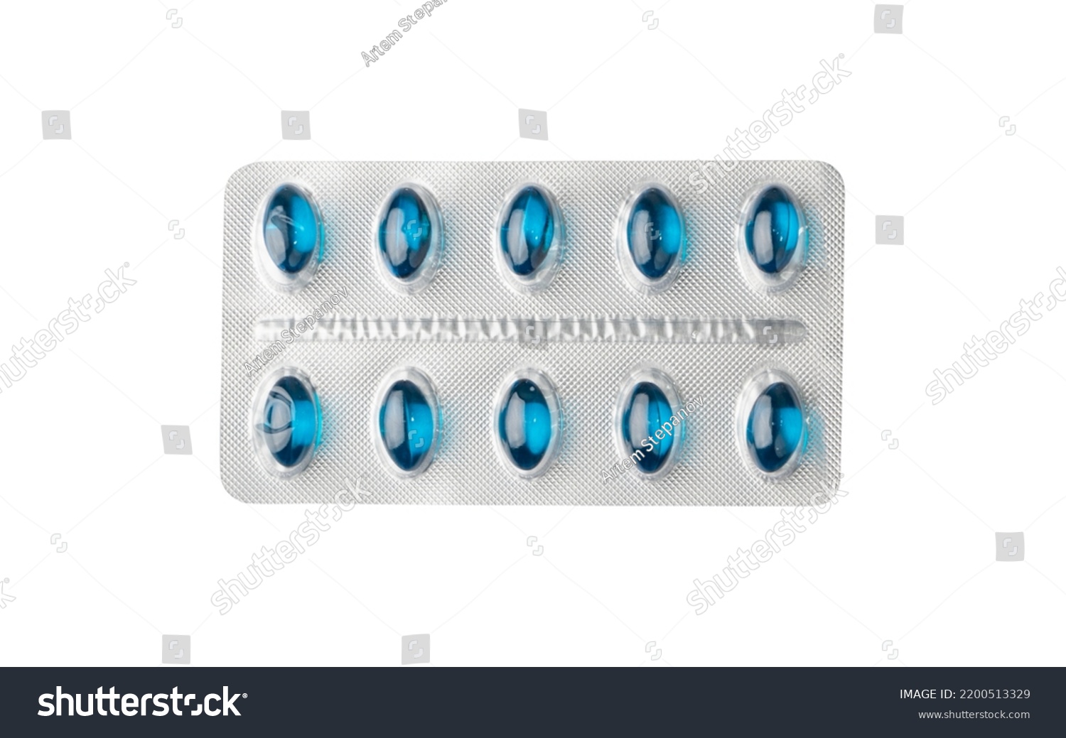Pill blister isolated. Blue capsule package, drugs packaging, pill pack, pharmacy box, medicine capsules blister on white background top view #2200513329