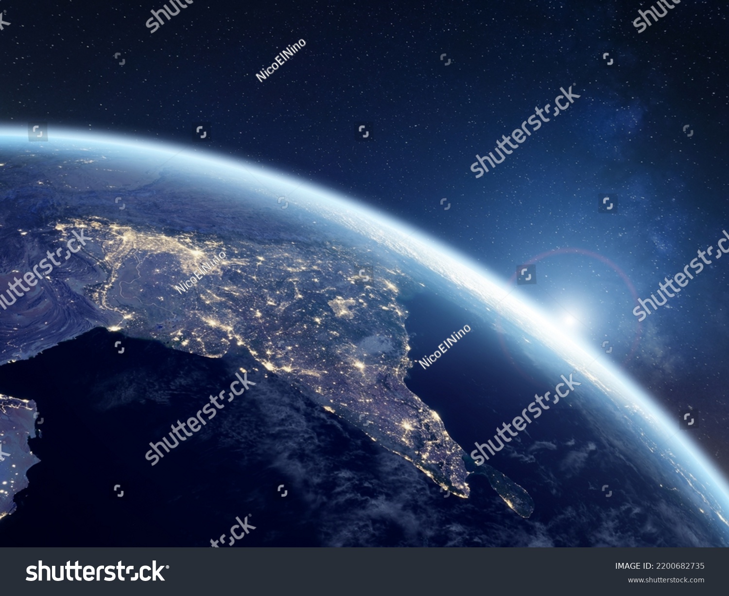 India at night viewed from space with city lights showing activity in Indian cities, Delhi, Mumbai, Bengalore. 3d render of planet Earth. Elements from NASA. Technology, global communication, world. #2200682735