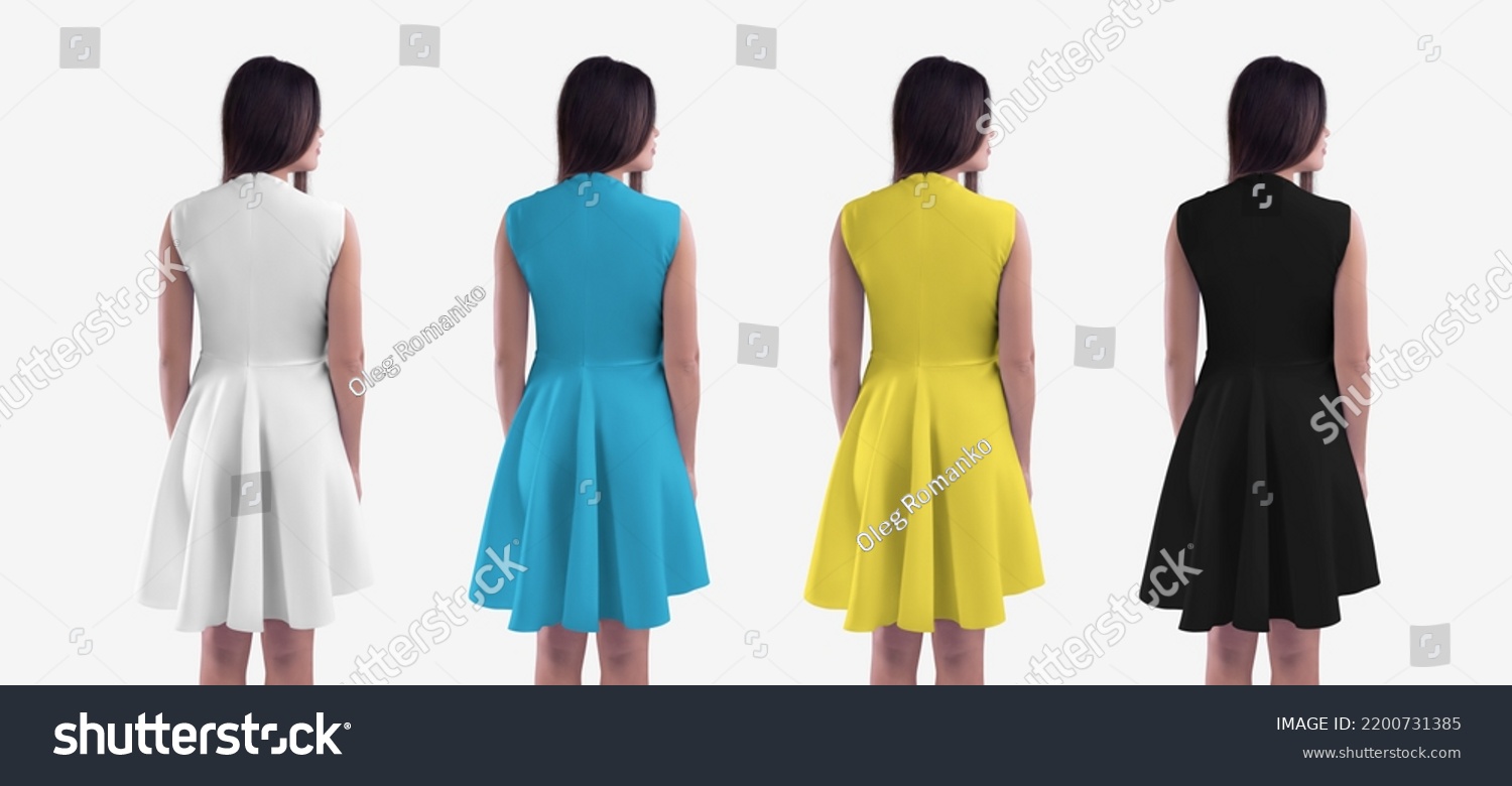 Mockup of a white, black, blue, yellow dress wave on a girl, close-up, high back with a zipper, skirt, isolated on background. Template of fashion summer clothes for women. Sundress set for design #2200731385