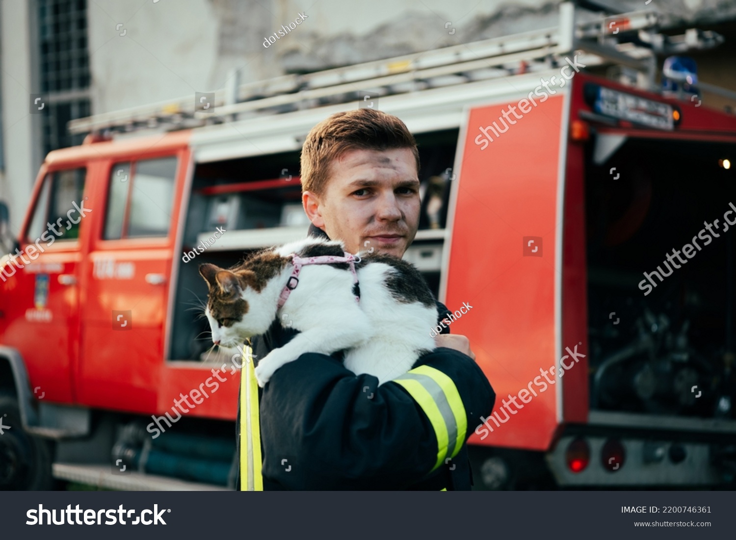 Close-up portrait of heroic fireman in protective suit and red helmet holds saved cat in his arms. Firefighter in fire fighting operation. #2200746361