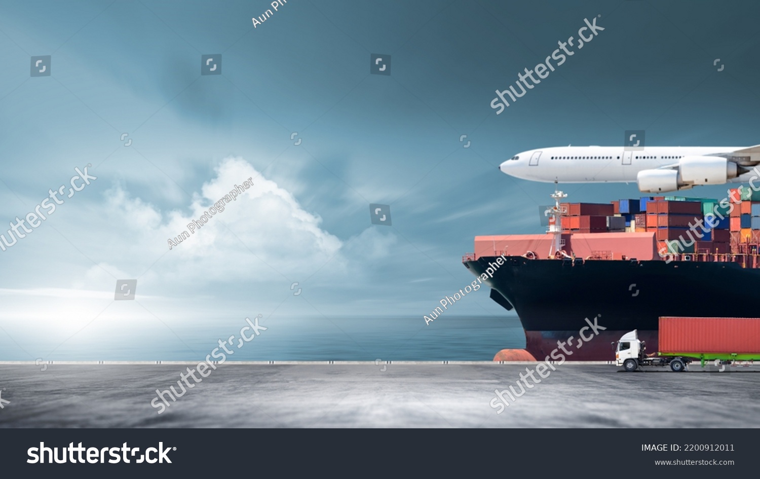 Containers cargo logistics import export transport concept, Big ship in the ocean, Container truck and plane at sunset dramatic sky background with copy space, Nautical vessel and sea freight shipping #2200912011