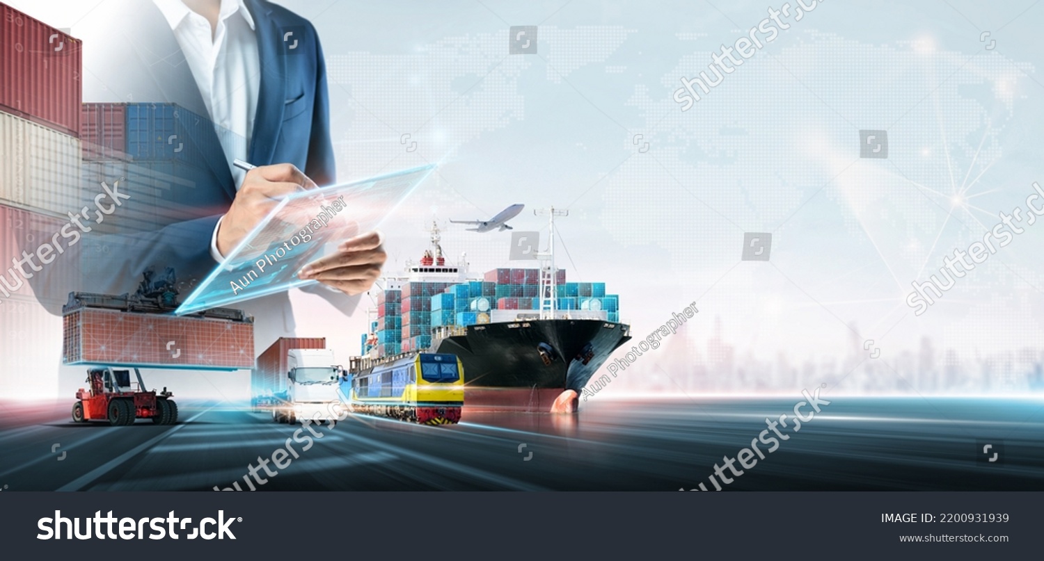Business and technology digital future of cargo containers logistics transportation import export concept, Manager using tablet online tracking control delivery distribution on world map background #2200931939