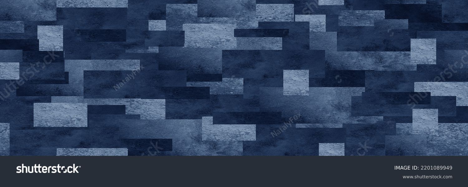 Dark blue white pattern. Chaotic. Geometric shape background for design. Squares, rectangles or block. Seamless. Abstract. Mosaic, collage. Web banner. Wide. Long. Panoramic. #2201089949