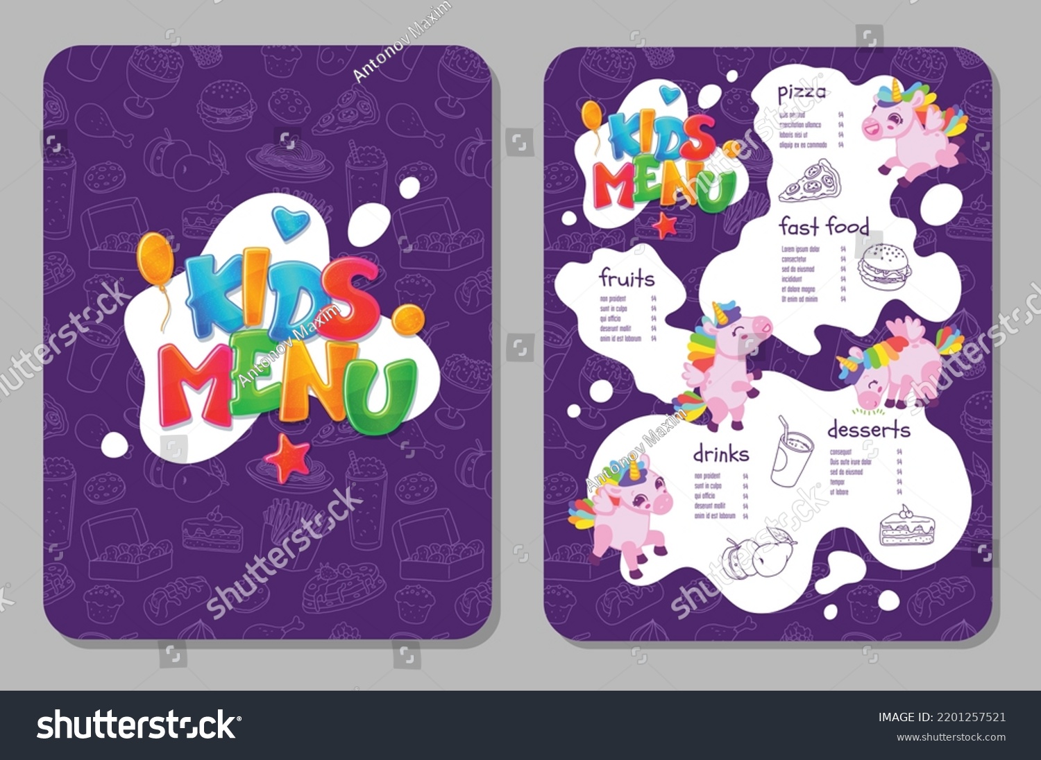 Cute kids menu template with funny unicorns, - Royalty Free Stock ...