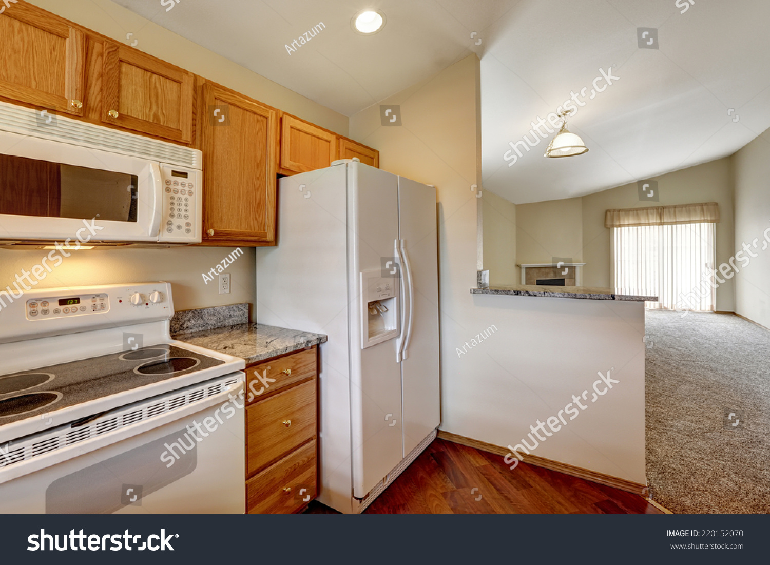 Kitchen area in empty house. White appliances and wooden cabinet. #220152070
