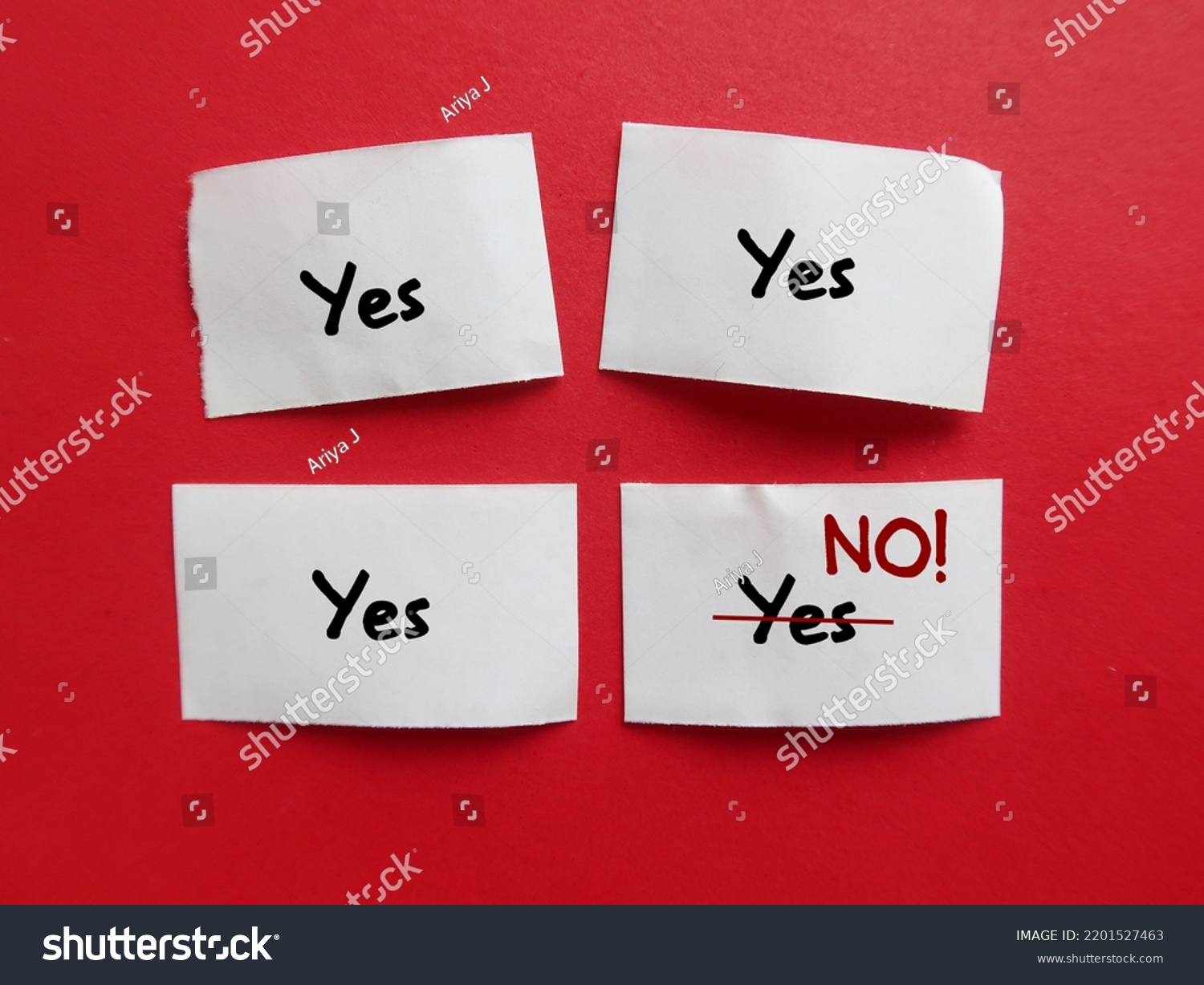 Pieces of paper with handwriting YES YES YES and last one changed to NO, concept of people pleaser try not to feel guilty about saying no, no need to agree or say yes to everything #2201527463