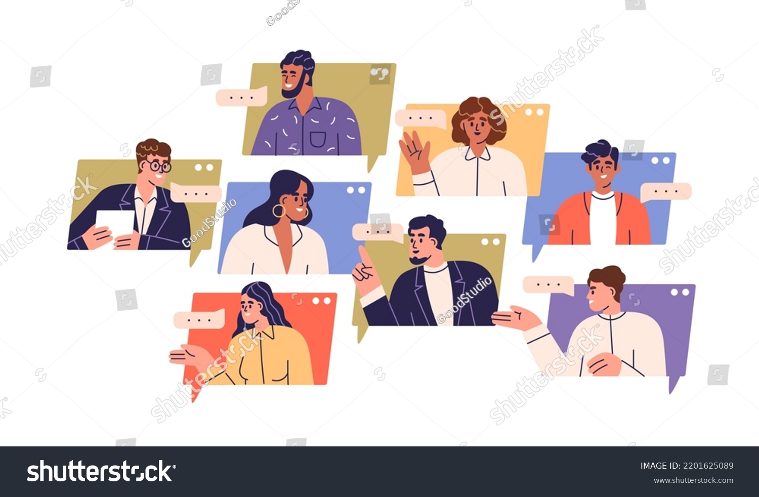 Online remote video conference call. Business communication via internet concept. Virtual distant work of people, colleagues team. Flat graphic vector illustration isolated on white background. #2201625089