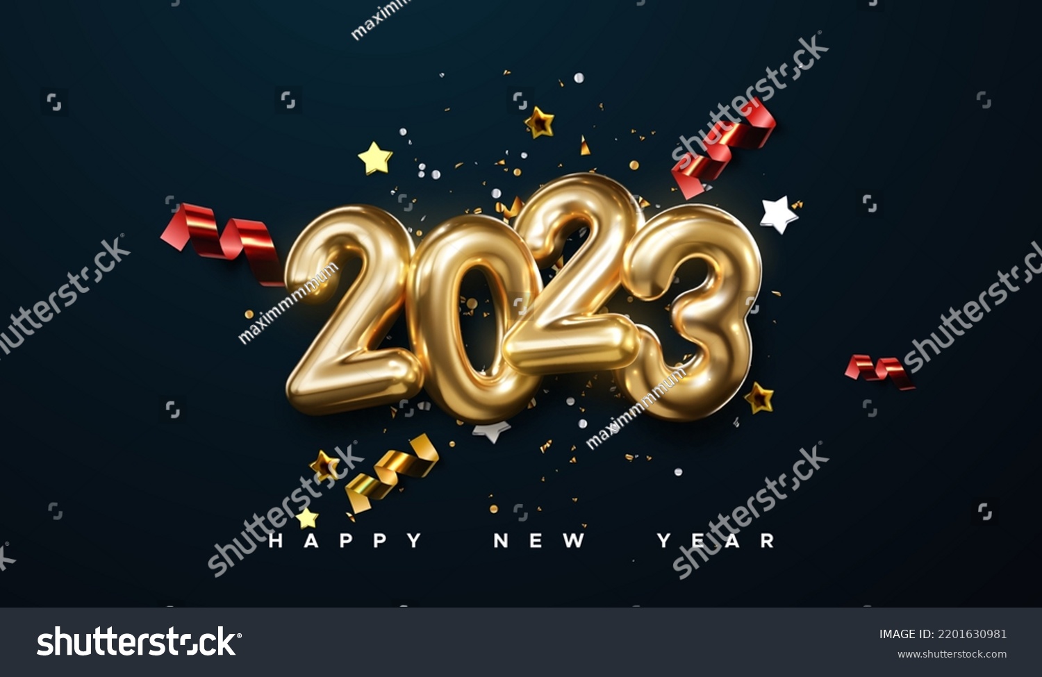 Realistic 2023 golden numbers with festive confetti, stars and spiral ribbons on black background. Vector holiday illustration. Happy New 2023 Year. New year ornament. Decoration element with tinsel #2201630981