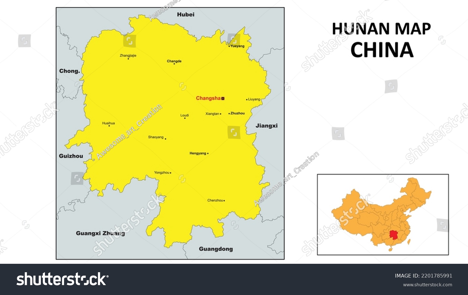 Hunan Map of China. Major city map of Hunan. - Royalty Free Stock ...