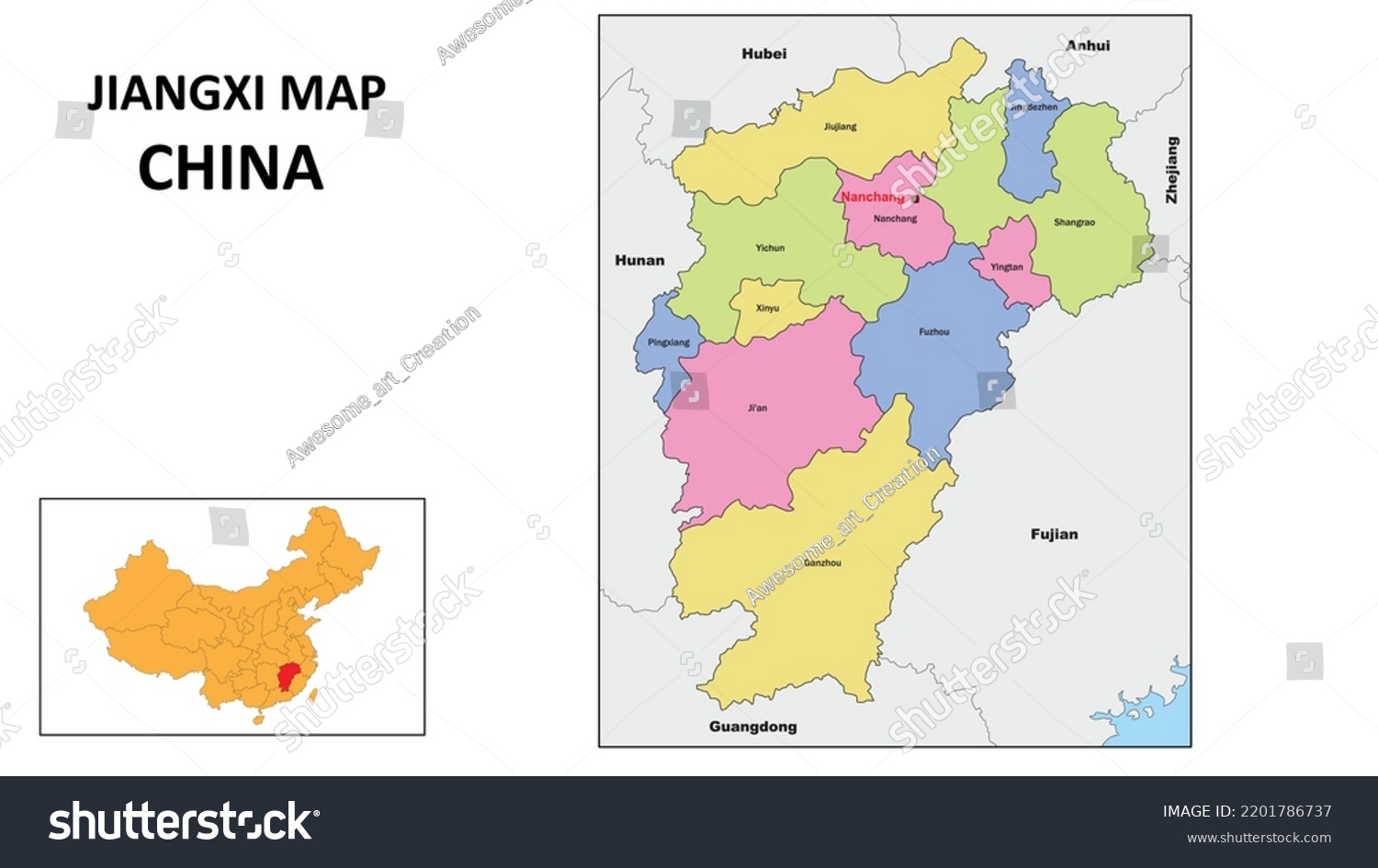 Jiangxi Map of China. State and district map of - Royalty Free Stock ...