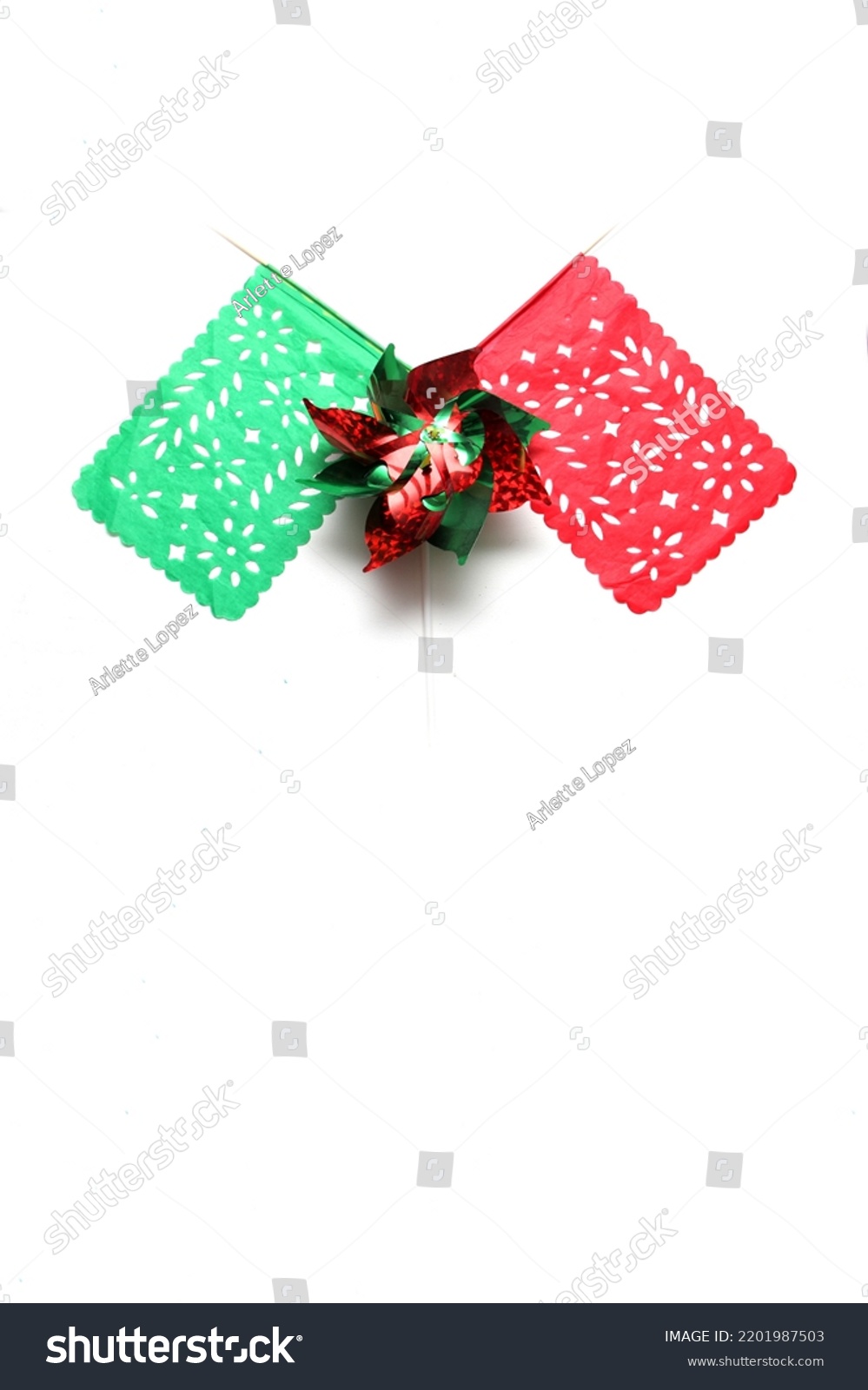 Tricolor decorative ornaments for Mexican parties in green, white and red: Pennants and pinwheels for celebrate Independence 15 september and Revolution Cinco de Mayo #2201987503